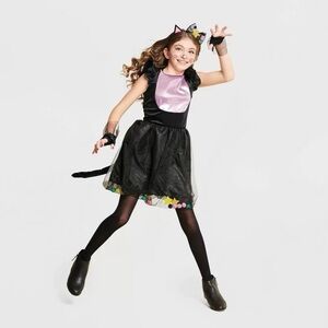 NEW Kids Pom-Pom Black Cat Halloween Costume Pom-Pom Dress & Ears 12-14 Large